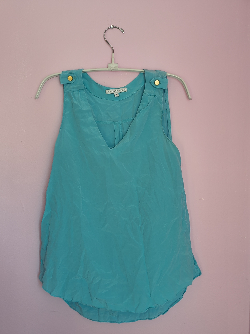 Amanda Uprichard 100% Silk V-Neck Tank Top Size P Petite (XS) Aqua Blue